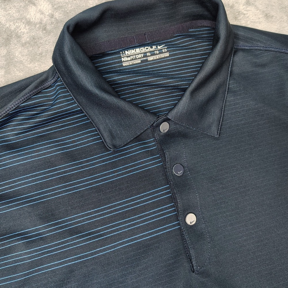 Nike Polo Shirt Mens XL Blue Fit Dry Snap‎ T Striped Golf Performance Mobility